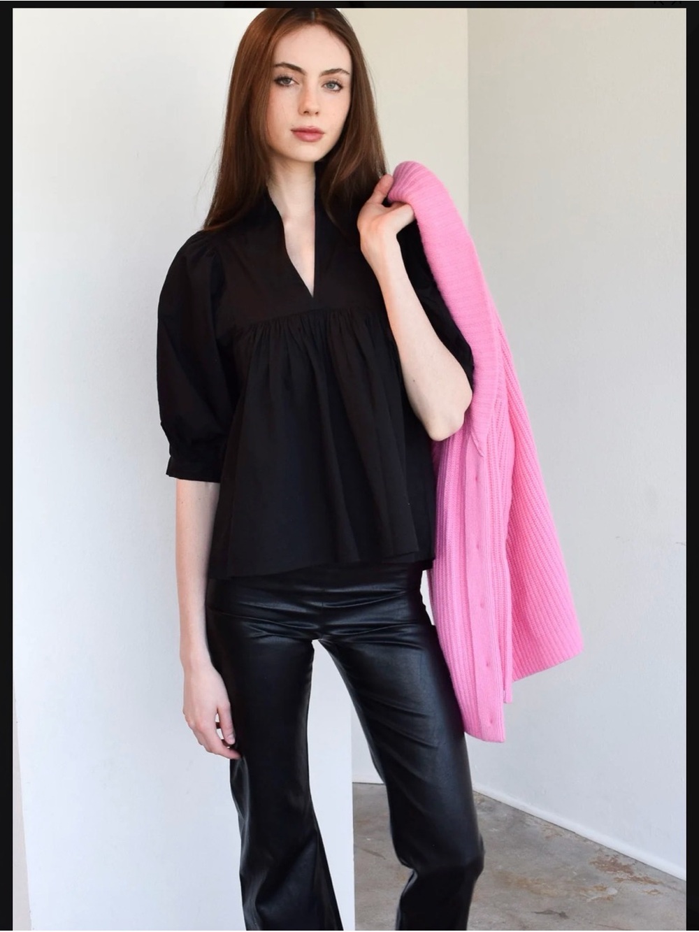 Never A Wallflower High Neck Black Poplin Puff Sleeve Babydoll Top S